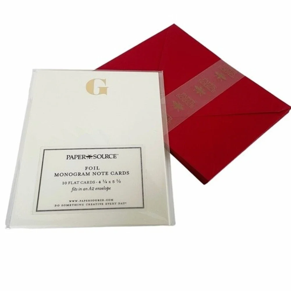 Monogram Notecard Set Gold Foil Print “G” White Card With Red Envelopes Set/10